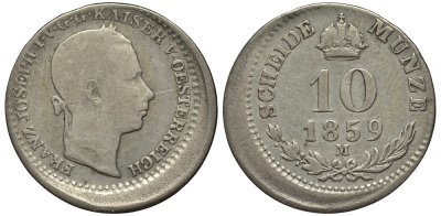 Австрия 10 крейцеров 1859 M, технологический брак чеканки, смещение J. 325 серебро 413-4745