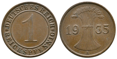 Германия 1 рейхспфенниг 1935 A KM 37, J. 313 бронза 220-111