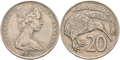 Новая Зеландия 20 центов 1971 Елизавета II (1952-2022), птичка киви KM 36.1 медно-никель 4131-1125