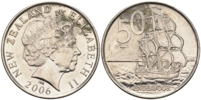 Новая Зеландия 50 центов 2006 Елизавета II (1952-2022), парусник Индевор KM 119а никелированная сталь 4579-1056
