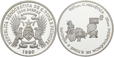 Сан-Томе и Принсипи 1000 добра 1990 700 лет Швейцарии, 15 лет независимости Сан-Томе и Принсипи серебро PROOF 1080-5-64
