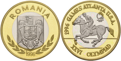 Румыния 100 леев 1996 XXVI Олимпийские игры 1996 года в Атланте, 100 лет Олимпийскому движению, скачки, пробный выпуск, пифорт KM PnB 315C1 биметалл  PROOF  1525-1242