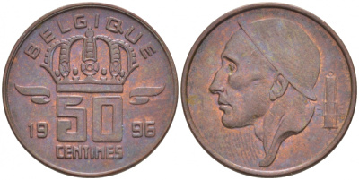 БЕЛЬГИЯ 50 САНТИМОВ 1996 BELGIQUE, БОДУЭН I (1951-1993) KM 148.1 бронза 4532-115