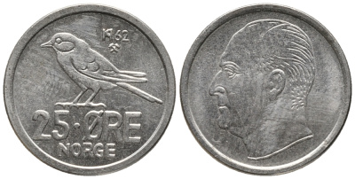 Норвегия 25 эре 1962 Улаф V (1958-1991), синица KM 407 медно-никель 66-153