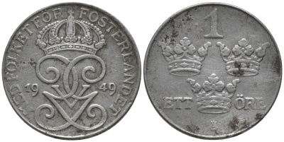 Швеция 1 эре 1949 Густав V (1907-1950) KM 810 железо 57-1168