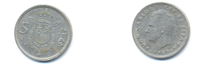 ИСПАНИЯ 5 ПЕСЕТ 1982 KM 823 медно-никель 54-1856