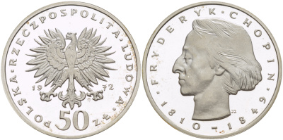 Польша 50 злотых 1972 MW, Фредерик Шопен (1810-1846) KM 66, Parchimowicz 256а серебро PROOF 1080-9-73