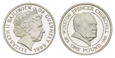 Гернси 1 фунт 1999 125 лет со дня рождения Уинстона Черчилля KM 109 серебро PROOF 1521-1035