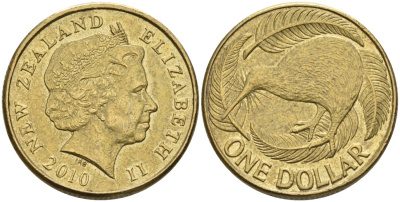 Новая Зеландия 1 доллар 2010 Елизавета II (1952-2022), птица киви  KM 120 алюминиевая бронза 60-735