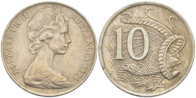 Австралия 10 центов 1974 Елизавета II (1952-), птица лирахвост KM 65 медно-никель 4382-943