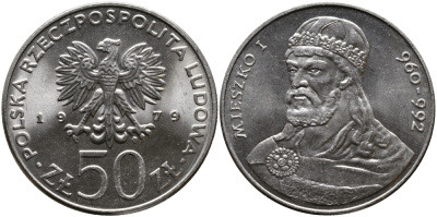 ПОЛЬША 50 ЗЛОТЫХ 1979 MW, СЕРИЯ ПОЛЬСКИЕ КОРОЛИ, МЕШКО I (960-992) KM 100 медно-никель UNC 441-543