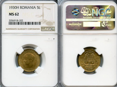 Румыния 5 лей 1930 в слабе NGC, грейд MS 62 KM 48 никель латунь UNC 00-00-00
