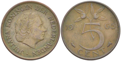Нидерланды 5 центов 1965 Юлиана (1949-1980) KM 181 бронза 213-1044