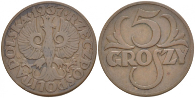Польша 5 грошей 1937 w KM 10а, Parchimowicz 103i бронза 4549-237