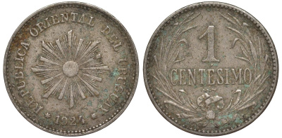 Уругвай 1 сентесимо 1924 KM 19 медно-никель 4169-635
