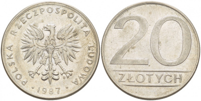 ПОЛЬША 20 ЗЛОТЫХ 1987 MW KM 153.1 медно-никель 77-717