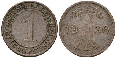Германия 1 рейхспфенниг 1936 A KM 37, J. 313 бронза 4528-1259
