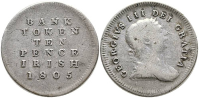 ИРЛАНДИЯ 10 ПЕНСОВ 1805 БАНКОВСКИЙ ТОКЕН, ГЕОРГ III KM Tn3 серебро 272-745