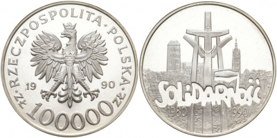 Польша 100000 злотых 1990 10 лет профсоюзу "Солидарность" (1980-1990) KM 196.1, Parchimowicz 619a серебро PROOF 1091-2-11