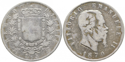 Италия 5 лир 1870 BN, Виктор Эммануил II KM 8.3 серебро 1521-941