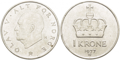 НОРВЕГИЯ 1 КРОНА 1977 ОЛАФ V KM 419 медно-никель 4448-453