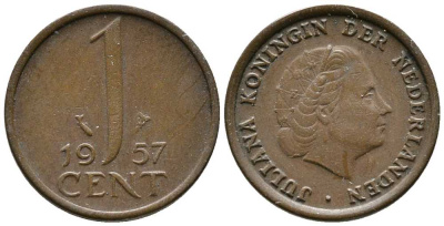 Нидерланды 1 цент 1957 Юлиана (1949-1980) KM 180 бронза 39-1265