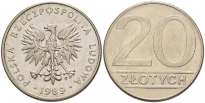 ПОЛЬША 20 ЗЛОТЫХ 1989 MW KM 153.2 медно-никель 77-724