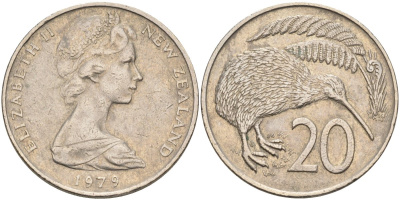 Новая Зеландия 20 центов 1979 Елизавета II (1952-2022), птичка киви KM 36.1 медно-никель 4131-1135