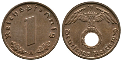 Германия 1 рейхспфенниг 1939 A KM 89, J. 361 бронза    220-337