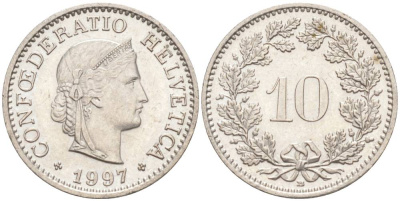 ШВЕЙЦАРИЯ 10 РАППЕНОВ 1997 В KM 27 медно-никель 55-541