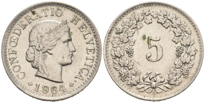 Швейцария 5 Раппенов 1964 В KM 26 медно-никель 4567-931