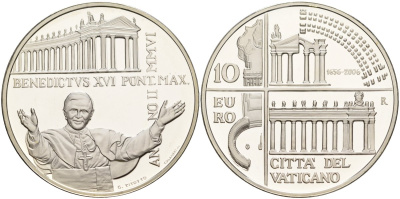 Ватикан 10 евро 2006 Бенедикт XVI, Джованни Лоренцо Бернини, колоннада собора Святого Петра, в оригинальной коробке, с сертификатом KM 384 серебро PROOF 7-1-44