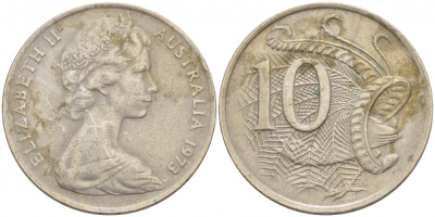 Австралия 10 центов 1973 Елизавета II (1952-), птица лирахвост KM 65 медно-никель 4539-1112