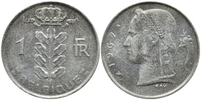 БЕЛЬГИЯ 1 ФРАНК 1967 BELGIQUE KM 142.1 медно-никель 4388-1021