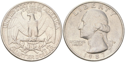 США 25 центов = квотер = 1/4 доллара 1987 P, Вашингтон KM 164a медь плакированная медно-никелем 4159-544