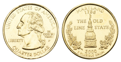 США 1/4 доллара (25 центов) 2000 Квотер штата Мэриленд KM 306 медь плакированная золотом UNC 11-117-14