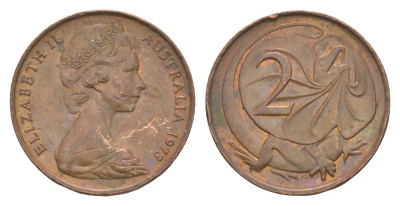 Австралия 2 цента 1973 Елизавета II (1952-2022), плащеносная ящерица KM 63 бронза 4585-1255