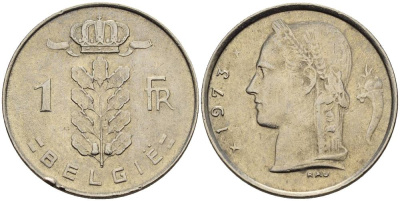 БЕЛЬГИЯ 1 ФРАНК 1973 BELGIE KM 143.1 медно-никель 4546-417