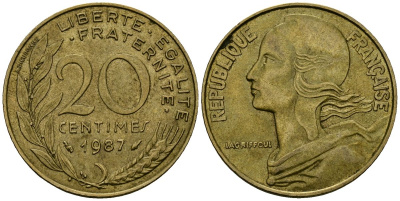 Франция 20 сантимов 1987 тип Marianne KM 930 медь алюминий никель 4135-626