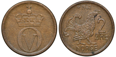 НОРВЕГИЯ 2 ЭРЕ 1962 КУРИЦА, УЛАФ V (1957-1991) KM 410 бронза 72-1333