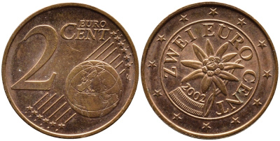 АВСТРИЯ 2 ЕВРОЦЕНТА 2002 KM 3083 сталь плакированная медью 3334-1149