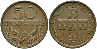 ПОРТУГАЛИЯ 50 СЕНТАВО 1976 KM 596 бронза 4388-652