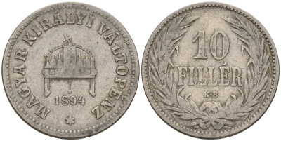 Венгрия 10 филлеров 1894 KB, Франц Иосиф I (1848-1916) KM 482 никель 4151-1057