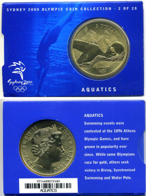 Австралия 5 долларов 2000 XXVII летние Олимпийские игры 2000 года в Сиднее, плаванье, в оригинальном картонном буклете KM 436 латунь  UNC  2-5-2-44