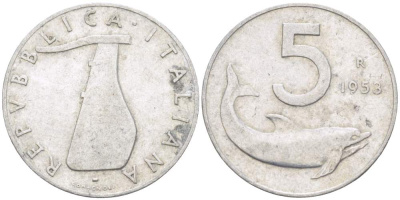 Италия 5 лир 1953 R, дельфин, плуг KM 92 алюминий 4523-635