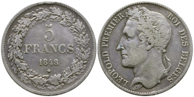 Бельгия 5 франков 1848 Леопольд I (1831-1865), в венке KM 3.2 серебро 74-1011