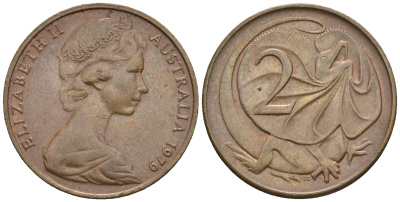 Австралия 2 цента 1979 Елизавета II (1952-2022), плащеносная ящерица (FRILLED LIZARD)  KM 63 бронза 85-633
