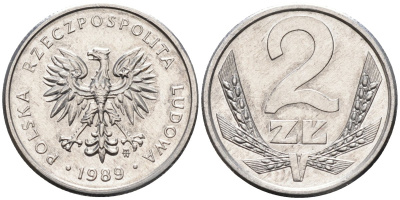 Польша 2 злотых 1989 MW, Народная Республика KM 80.3, Parchimowicz 219a алюминий UNC 4580-766