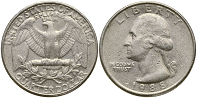 США 25 ЦЕНТОВ = КВОТЕР 1988 P, ВАШИНГТОН KM А164а медь плакированная медно-никелем 4388-236