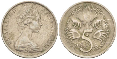 АВСТРАЛИЯ 5 ЦЕНТОВ 1973 ЕЛИЗАВЕТА II, МОЛОДОЙ ПОРТРЕТ, ЕХИДНА KM 64 медно-никель 100-1218